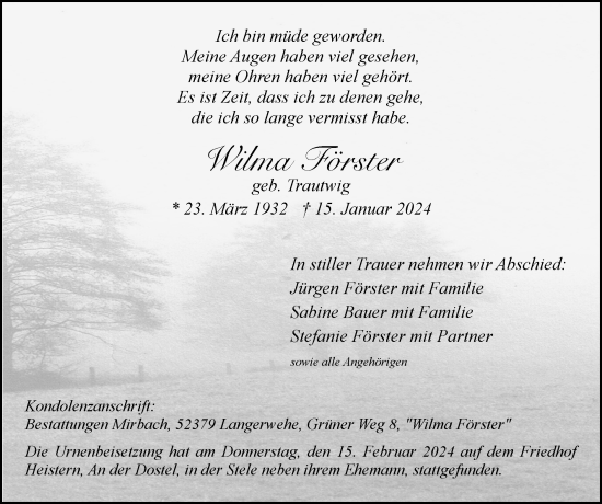 Traueranzeige von Wilma Förster von Zeitung am Sonntag