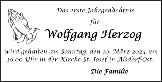 Traueranzeige von Wofgang Herzog von Zeitung am Sonntag