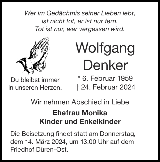Traueranzeige von Wolfgang Denker von Zeitung am Sonntag