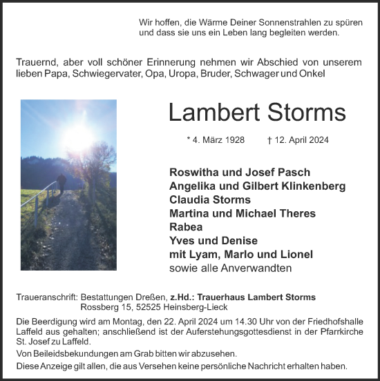 Traueranzeige von Lambert Storms von Zeitung am Sonntag