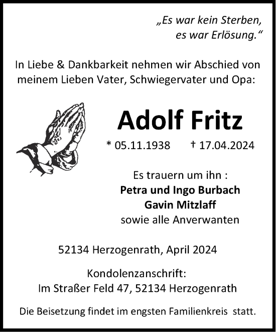 Traueranzeige von Adolf Fritz von Zeitung am Sonntag