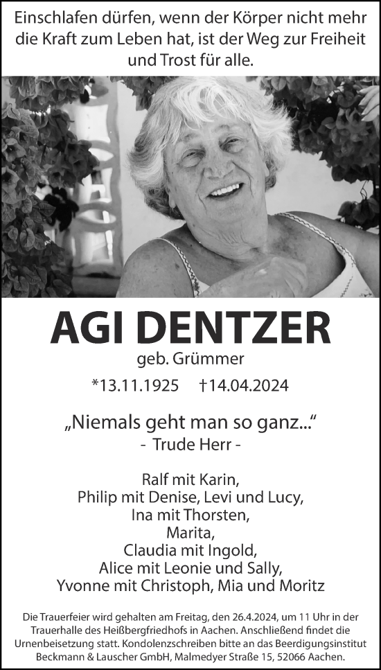 Traueranzeige von Agi Dentzer von Aachener Zeitung