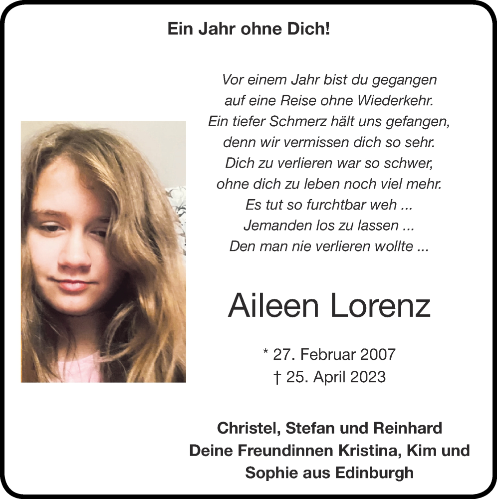  Traueranzeige für Aileen Lorenz vom 28.04.2024 aus Zeitung am Sonntag
