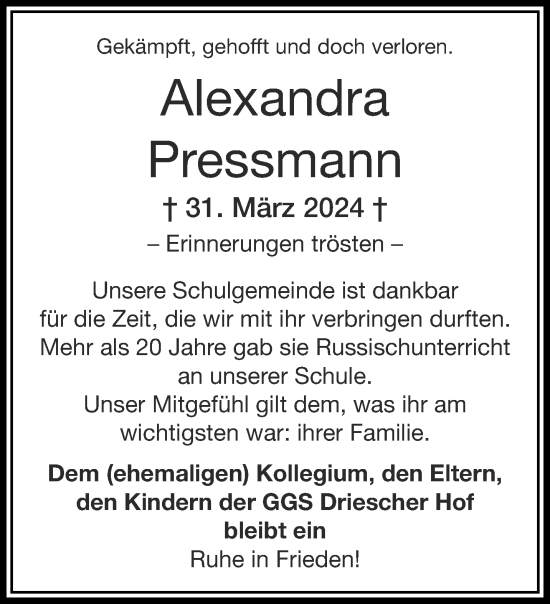 Traueranzeige von Alexandra Pressmann von Aachener Zeitung