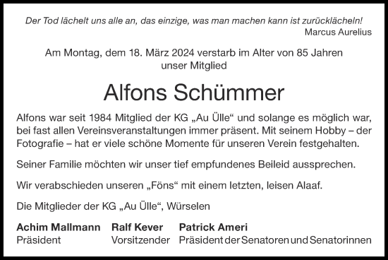 Traueranzeige von Alfons Schümmer von Zeitung am Sonntag