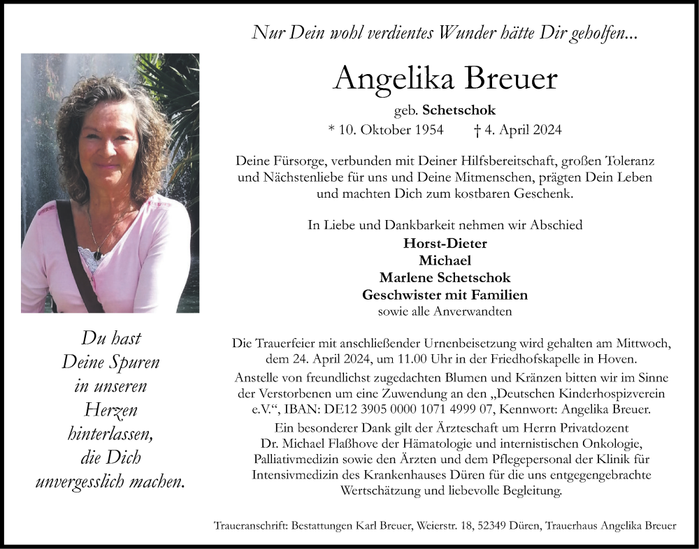  Traueranzeige für Angelika Breuer vom 20.04.2024 aus Aachener Zeitung