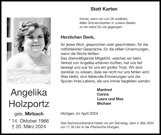 Traueranzeige von Angelika Holzportz von Zeitung am Sonntag