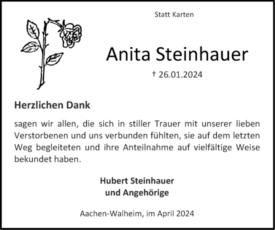 Traueranzeige von Anita Steinhauer von Zeitung am Sonntag