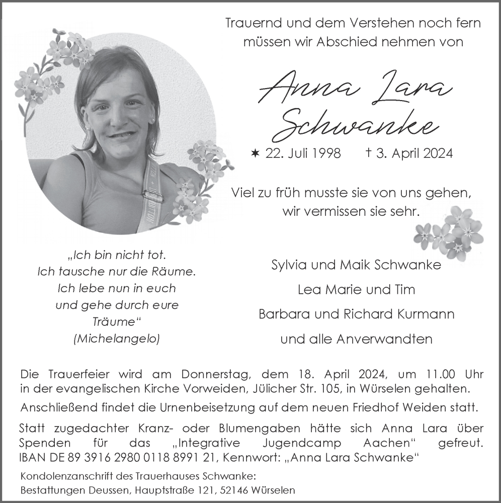 Traueranzeige für Anna Lara Schwanke vom 14.04.2024 aus Zeitung am Sonntag