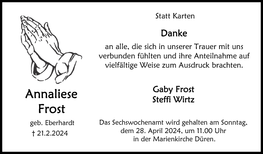  Traueranzeige für Annaliese Frost vom 21.04.2024 aus Zeitung am Sonntag