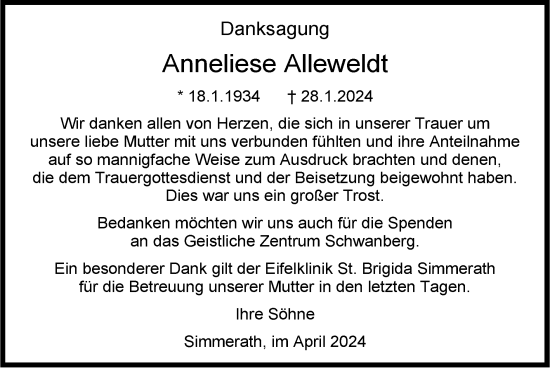 Traueranzeige von Anneliese Alleweldt von Zeitung am Sonntag