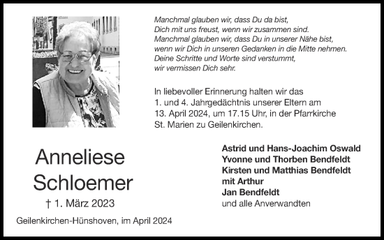 Traueranzeige von Anneliese Schloemer von Zeitung am Sonntag