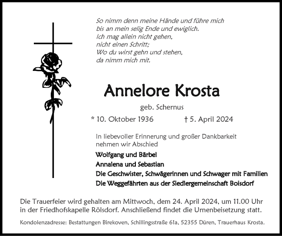 Traueranzeige von Annelore Krosta von Zeitung am Sonntag