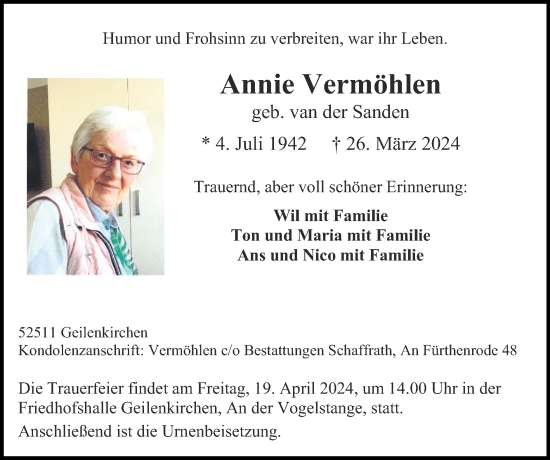 Traueranzeige von Annie Vermöhlen von Zeitung am Sonntag