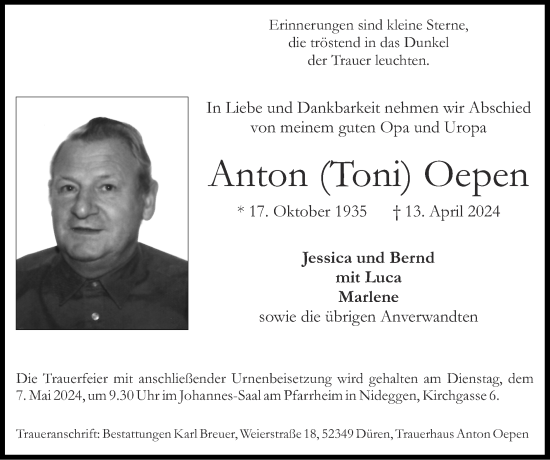 Traueranzeige von Anton Oepen von Zeitung am Sonntag