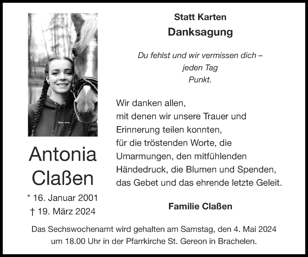  Traueranzeige für Antonia Claßen vom 28.04.2024 aus Zeitung am Sonntag