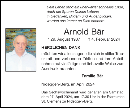 Traueranzeige von Arnold Bär von Zeitung am Sonntag