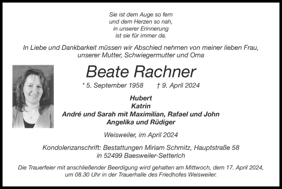 Traueranzeige von Beate Rachner von Zeitung am Sonntag