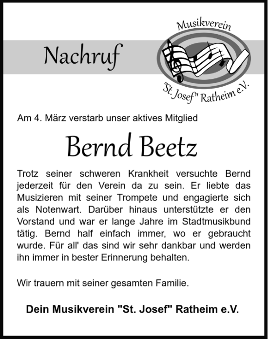 Traueranzeige von Bernd Beetz von Zeitung am Sonntag