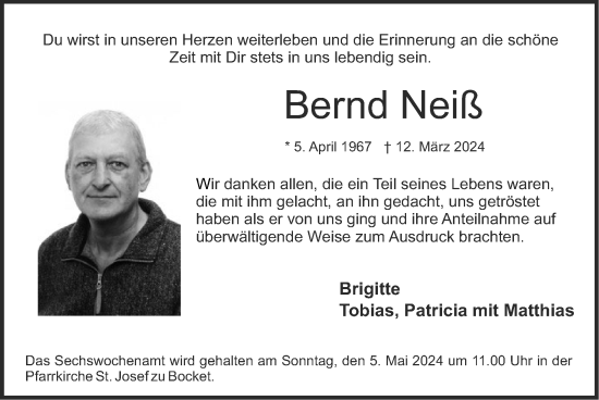 Traueranzeige von Bernd Neiß von Zeitung am Sonntag