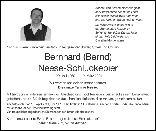 Traueranzeige von Bernhard Neese-Schluckebier von Zeitung am Sonntag