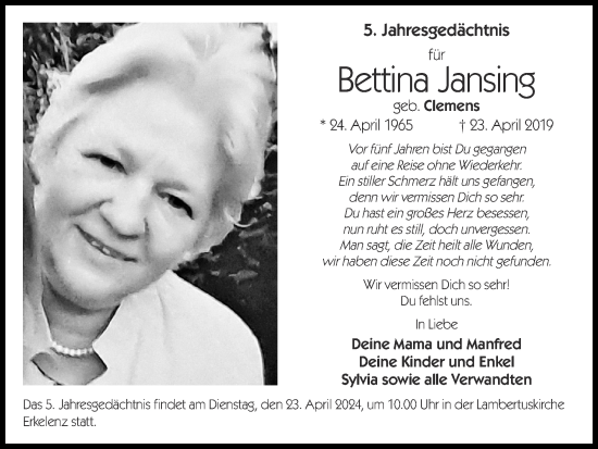 Traueranzeige von Bettina Jansing von Zeitung am Sonntag