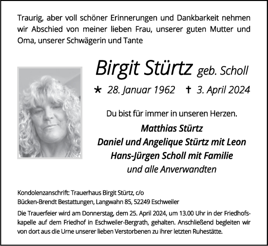 Traueranzeige von Birgit Stürtz von Zeitung am Sonntag