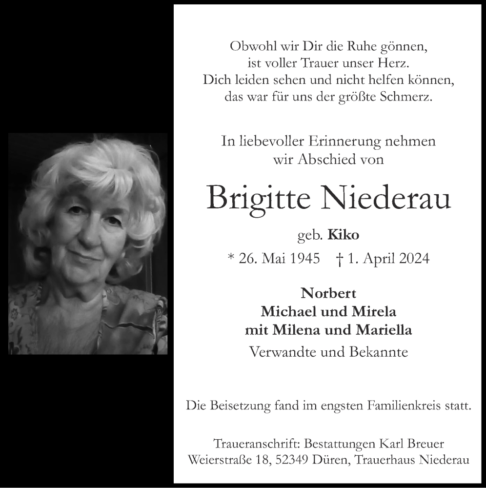  Traueranzeige für Brigitte Niederau vom 14.04.2024 aus Zeitung am Sonntag