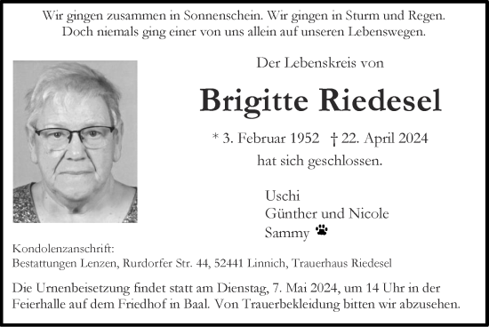 Traueranzeige von Brigitte Riedesel von Zeitung am Sonntag