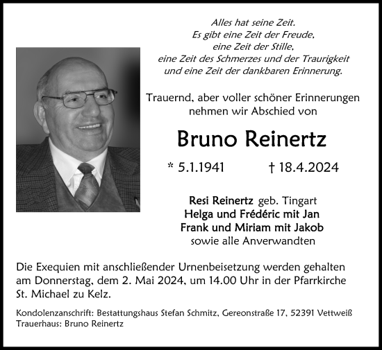 Traueranzeige von Bruno Reinertz von Zeitung am Sonntag