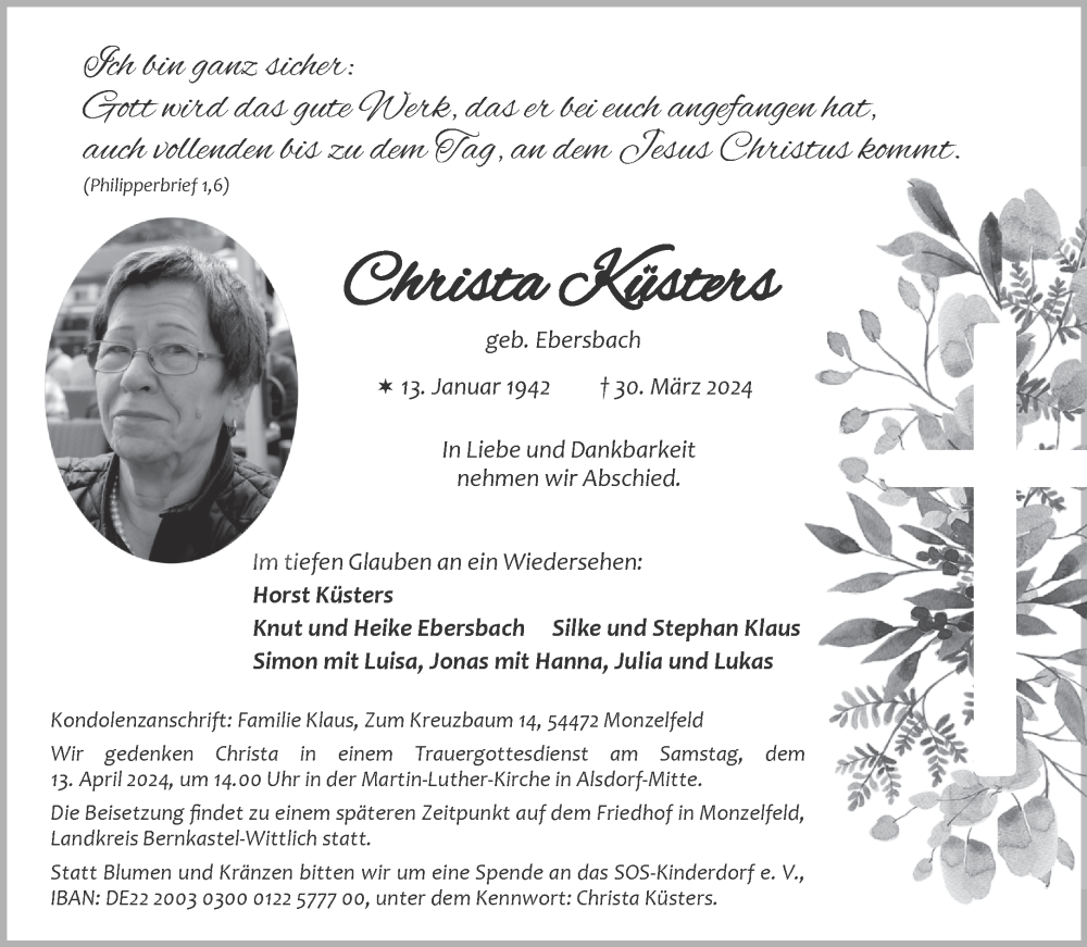  Traueranzeige für Christa Küsters vom 06.04.2024 aus Aachener Zeitung