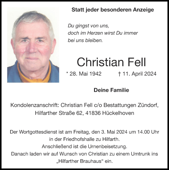 Traueranzeige von Christian Fell von Zeitung am Sonntag