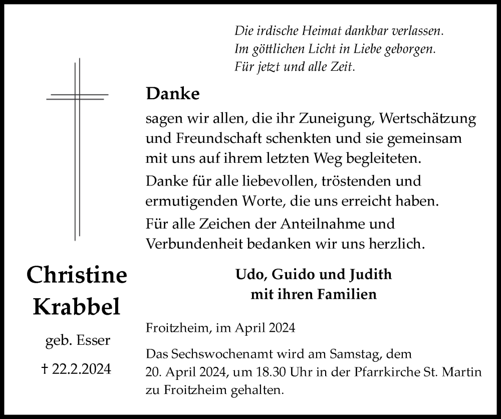  Traueranzeige für Christine Krabbel vom 14.04.2024 aus Zeitung am Sonntag