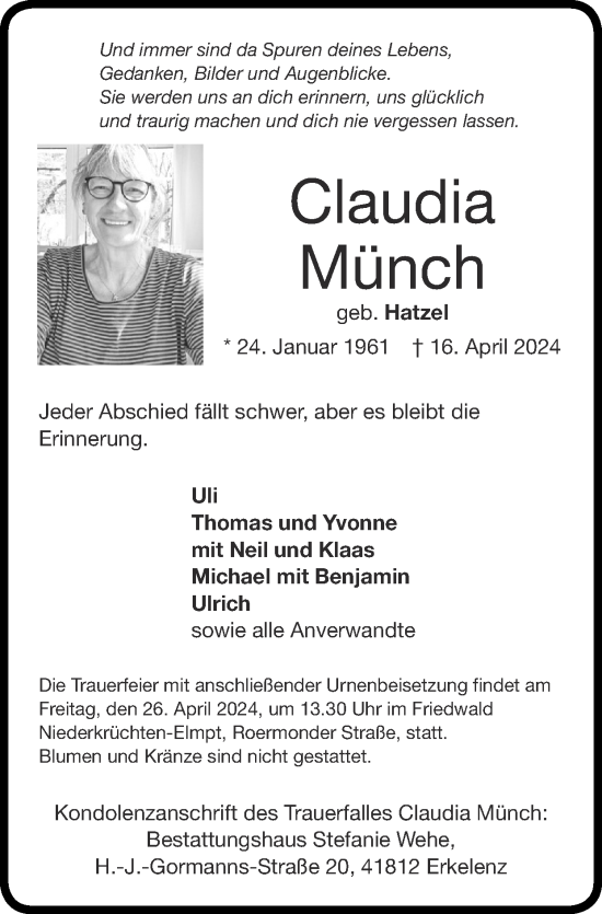 Traueranzeige von Claudia Münch von Zeitung am Sonntag