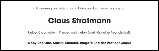 Traueranzeige von Claus Stratmann von Aachener Zeitung