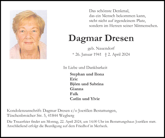 Traueranzeige von Dagmar Dresen von Zeitung am Sonntag