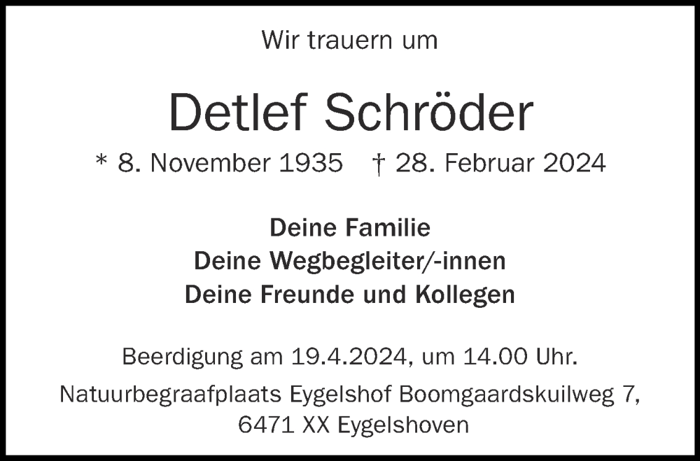  Traueranzeige für Detlef Schröder vom 13.04.2024 aus Aachener Zeitung