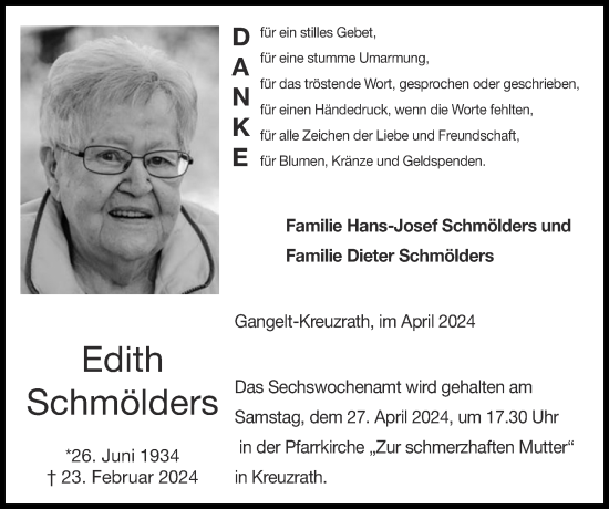 Traueranzeige von Edith Schmölders von Zeitung am Sonntag
