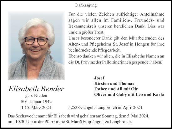 Traueranzeige von Elisabeth Bender von Zeitung am Sonntag