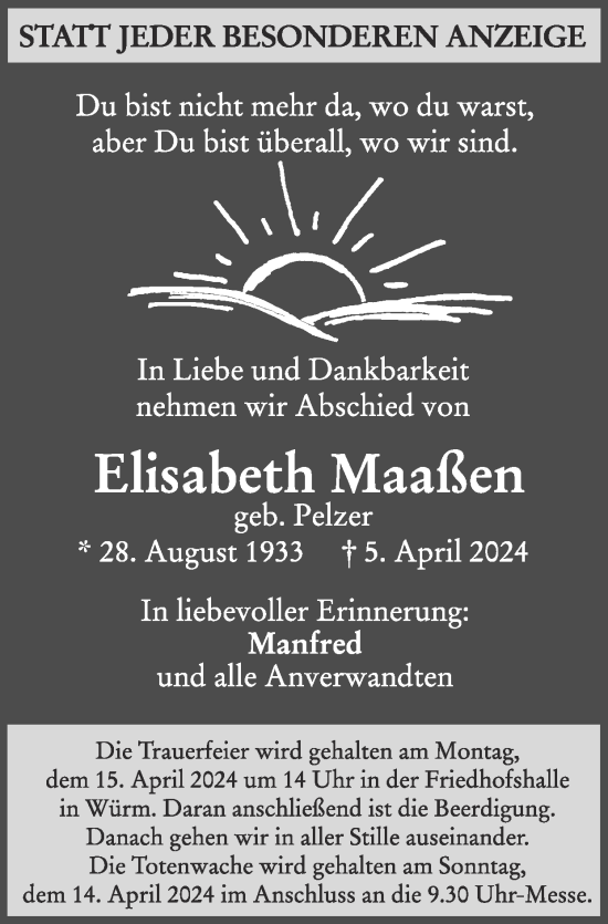 Traueranzeige von Elisabeth Maaßen von Zeitung am Sonntag