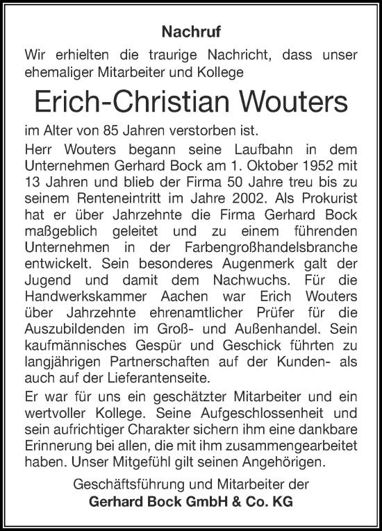 Traueranzeige von Erich-Christian Wouters von Zeitung am Sonntag