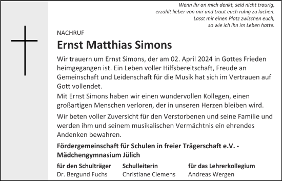 Traueranzeige von Ernst Matthias Simons von Zeitung am Sonntag