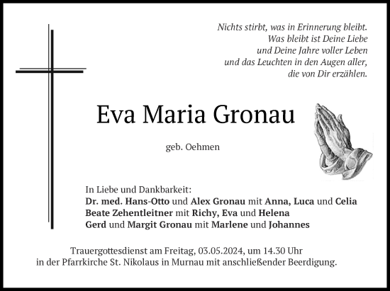 Traueranzeige von Eva Maria Gronau von ZEITUNG AM SONNTAG