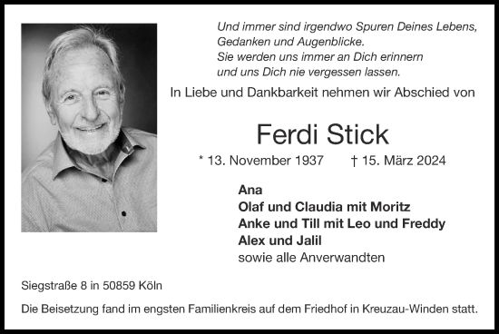 Traueranzeige von Ferdi Stick von Zeitung am Sonntag