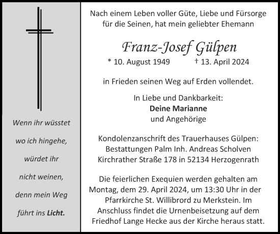 Traueranzeige von Franz-Josef Gülpen von Zeitung am Sonntag