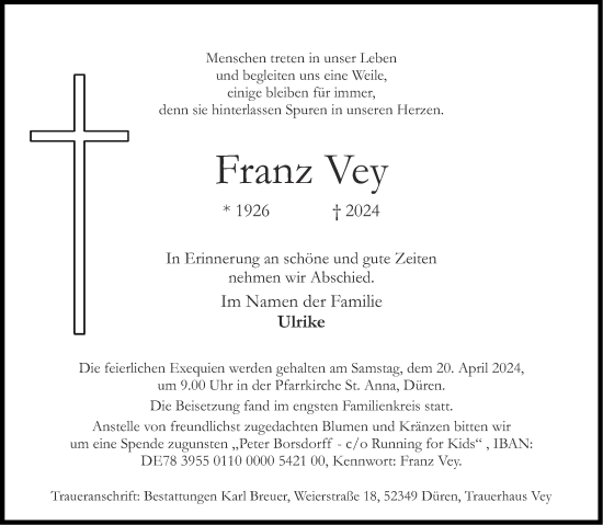 Traueranzeige von Franz Vey von Aachener Zeitung