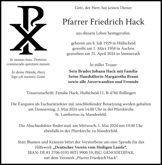 Traueranzeige von Friedrich Hack von Aachener Zeitung