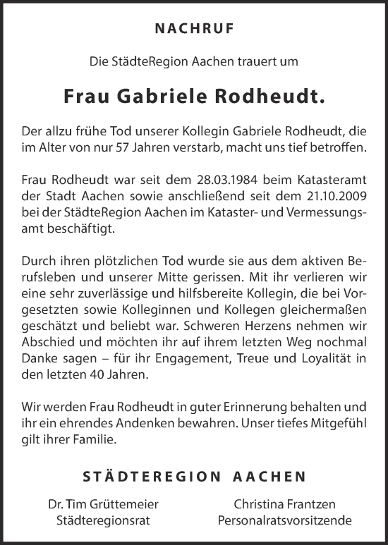 Traueranzeige von Gabriele Rodheudt von Aachener Zeitung