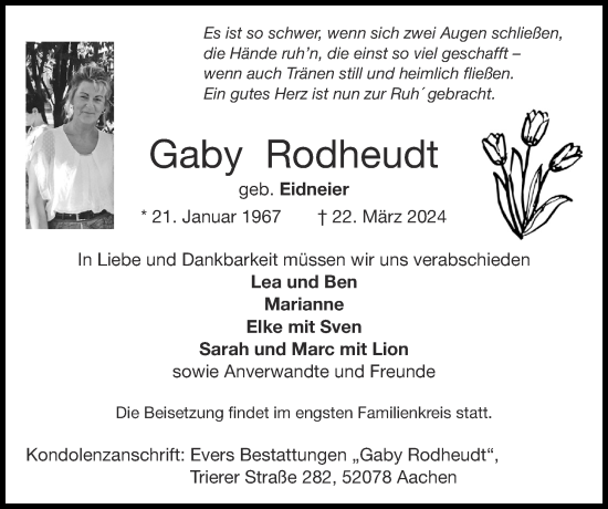Traueranzeige von Gaby Rodheudt von Zeitung am Sonntag