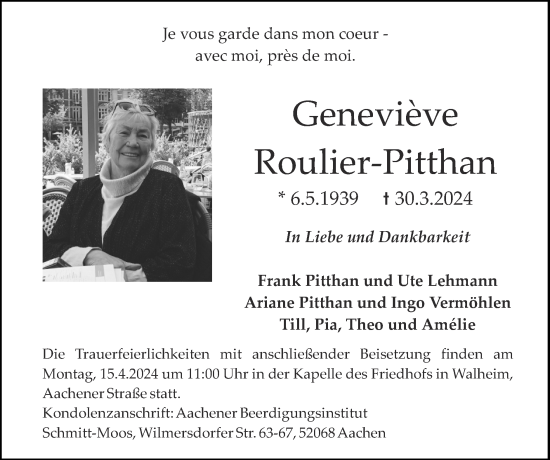 Traueranzeige von Geneviève Roulier-Pitthan von Zeitung am Sonntag